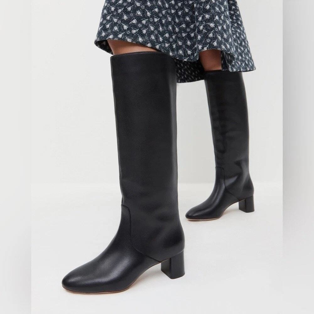 Loeffler Randall Gia Black Leather Knee High Tall Boots 11.5 Riding Heel